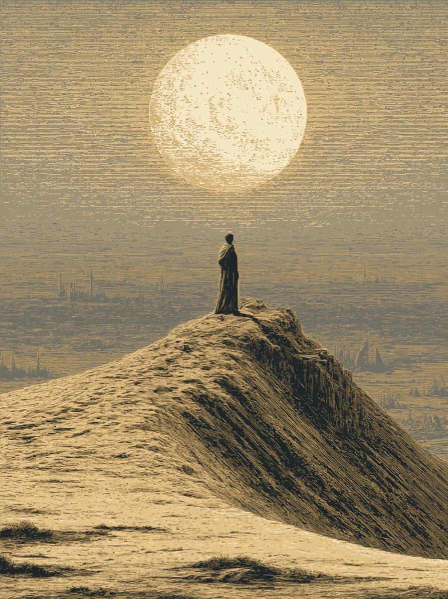 a lone figure on a peak beneath a great sun